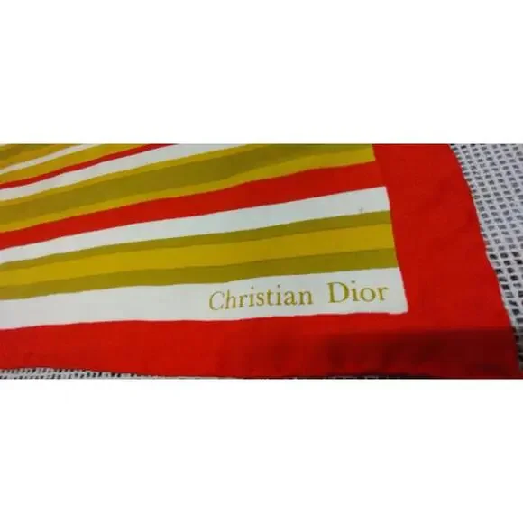 Vintage Dior Silk Scarf Striped Avocado Paris 1960s Designer Mid Century Mod 60s - Picture 6 of 16
